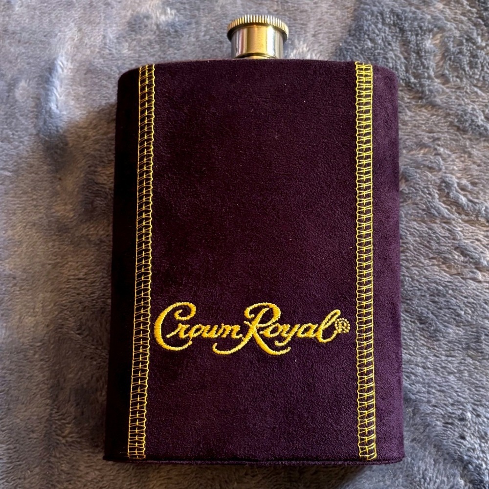 Crown Royal Purple‎ Suede Wrapped Stainless Steel Flask Gold Logo Barware